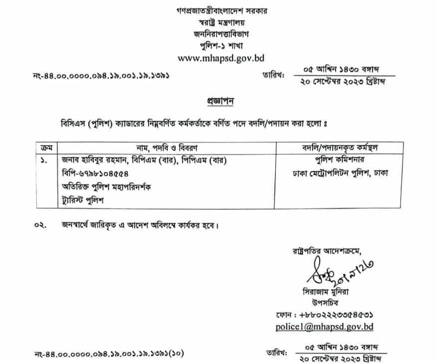 ডিএমপির নতুন কমিশনার হলেন হাবিবুর রহমান