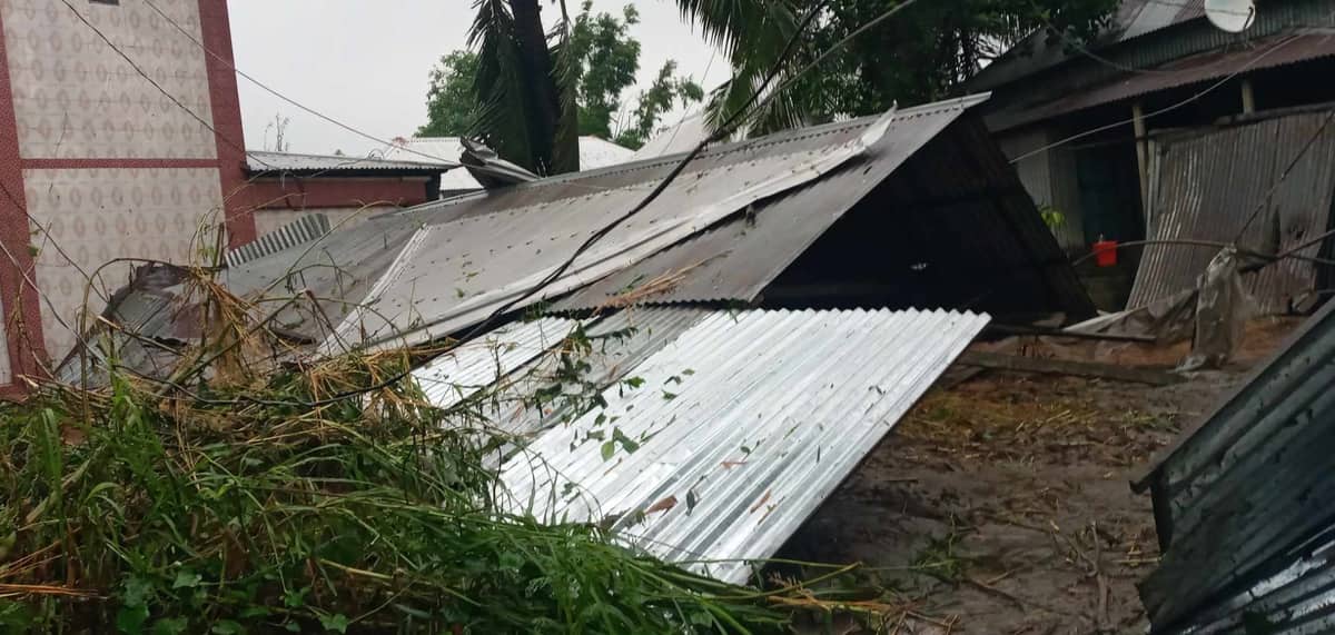 ঘূর্ণিঝড়ের তাণ্ডবে টিনের চাল উড়ে গাছের ডালে