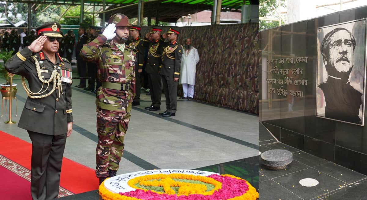 বঙ্গবন্ধুর প্রতিকৃতিতে বিদায়ী সেনাপ্রধানের শ্রদ্ধা নিবেদন