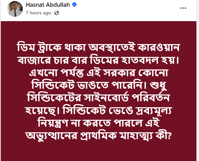 এই সরকার কোনো সিন্ডিকেট ভাঙতে পারেনি, বললেন হাসনাত আবদুল্লাহ