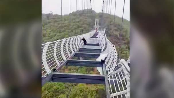 কাচের সেতু দেখতে গিয়ে ঝুলতে হয়েছে তাকে (ভিডিও)