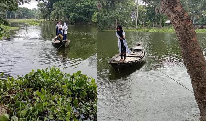 নৌকার দড়িটেনে পাড় মানুষ!