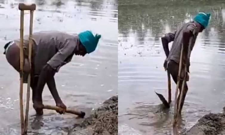এক পা নেই; ক্রাচে ভর দিয়ে মাটি কোপাচ্ছেন কৃষক (ভিডিওসহ)