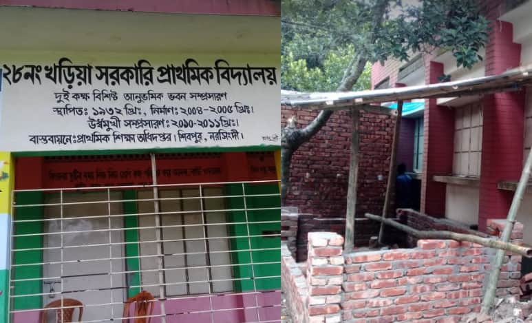 শিবপুরে সরকারি বিদ্যালয়ের দেয়াল ঘেঁষে দোকানঘর নির্মাণ