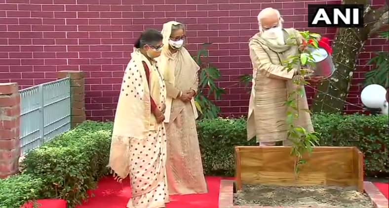 বঙ্গবন্ধু সমাধিসৌধ কমপ্লেক্সে বকুল ফুলের চারা রোপন করলেন মোদি