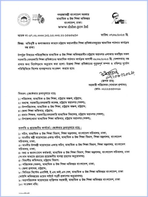 চট্টগ্রাম মহানগরীর মঙ্গলবারের শ্রেণি কার্যক্রম বন্ধ
