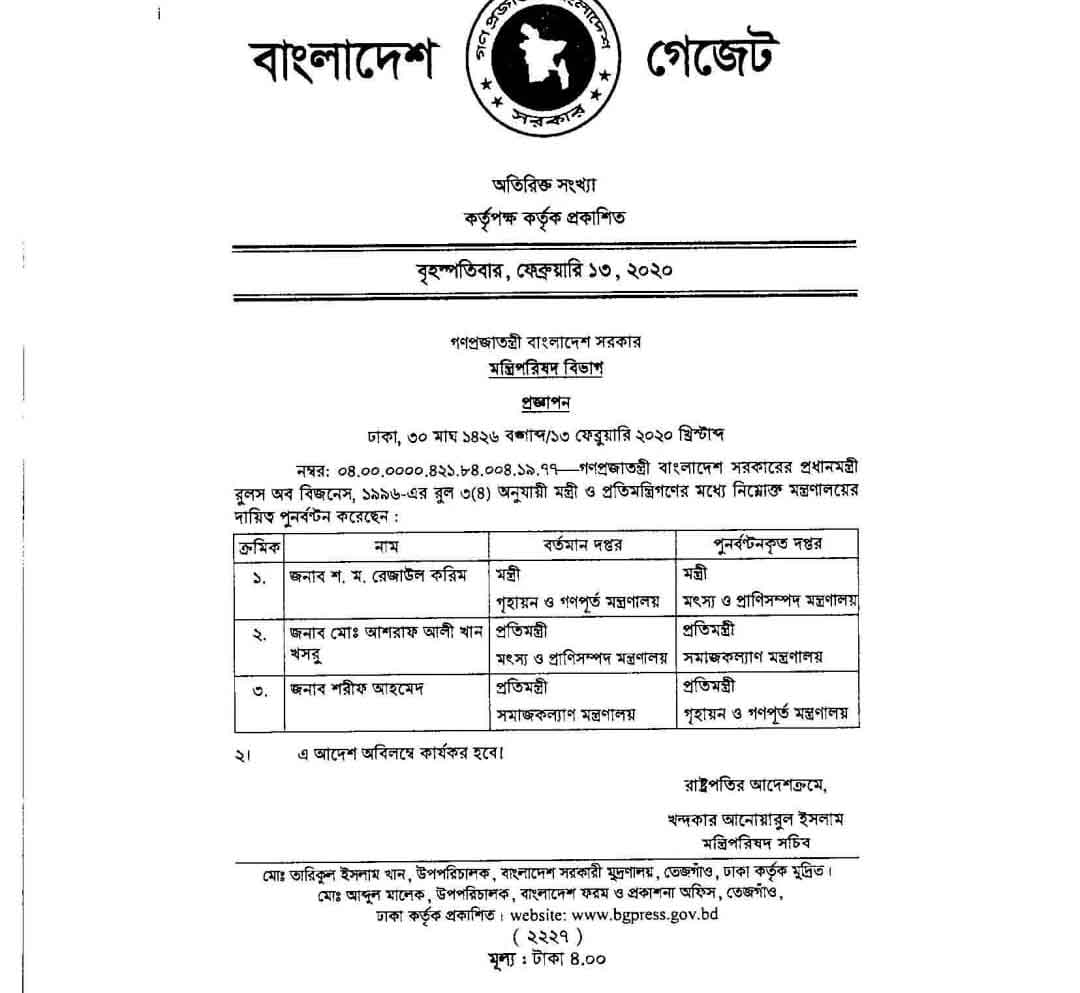 মন্ত্রিসভায় রদবদল, মন্ত্রিত্ব পরিবর্তন হলো যেসব মন্ত্রণালয়ের