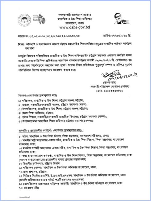 চট্টগ্রাম মহানগরীর মঙ্গলবারের শ্রেণি কার্যক্রম বন্ধ