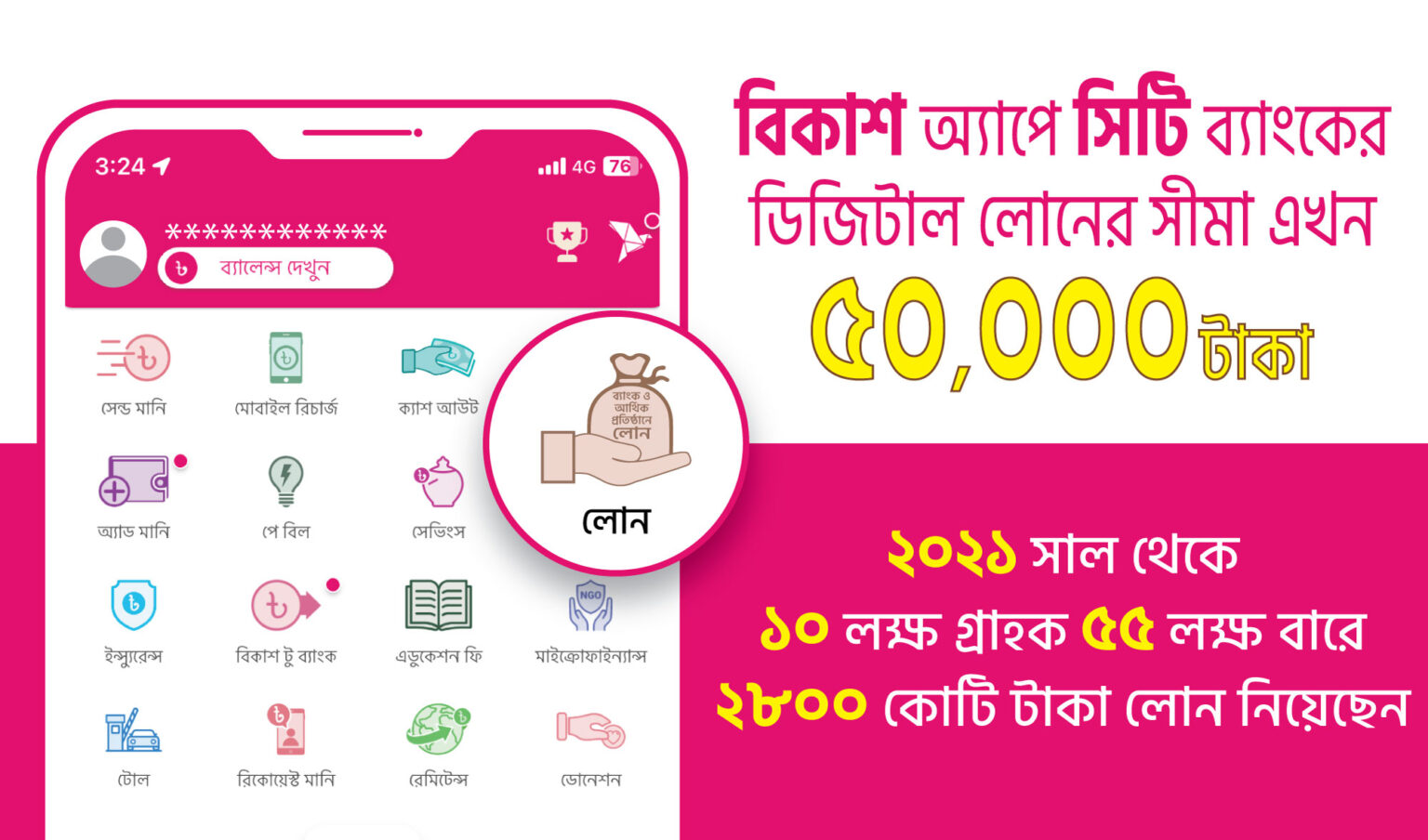 বিকাশ অ্যাপে জামানতবিহীন ডিজিটাল লোনের সীমা বেড়ে হলো ৫০ হাজার টাকা