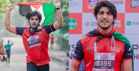 ম্যারাথনে ফিলিস্তিনের পতাকা হাতে তৌসিফ মাহবুব তৌসিফ