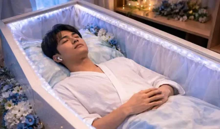 ৩০ মিনিট কফিনে শুয়ে থাকা: কেমন এই ট্রেন্ড? coffin-lying