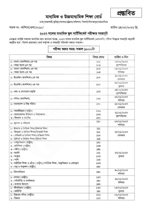 ২০২৭ সালের এসএসসি পরীক্ষার প্রস্তাবিত সময়সূচি প্রকাশ (খসড়া রুটিনসহ)