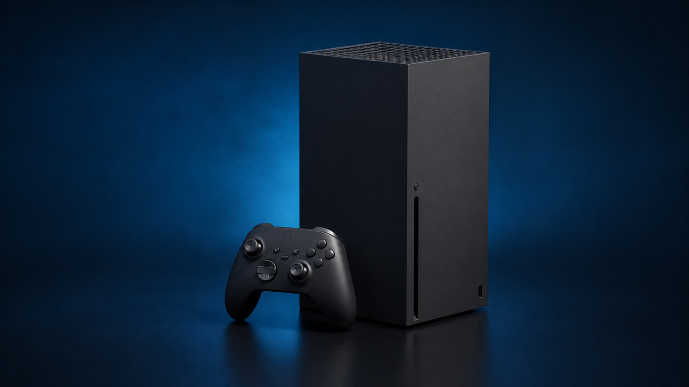 A black game console and wireless controller on a blue background